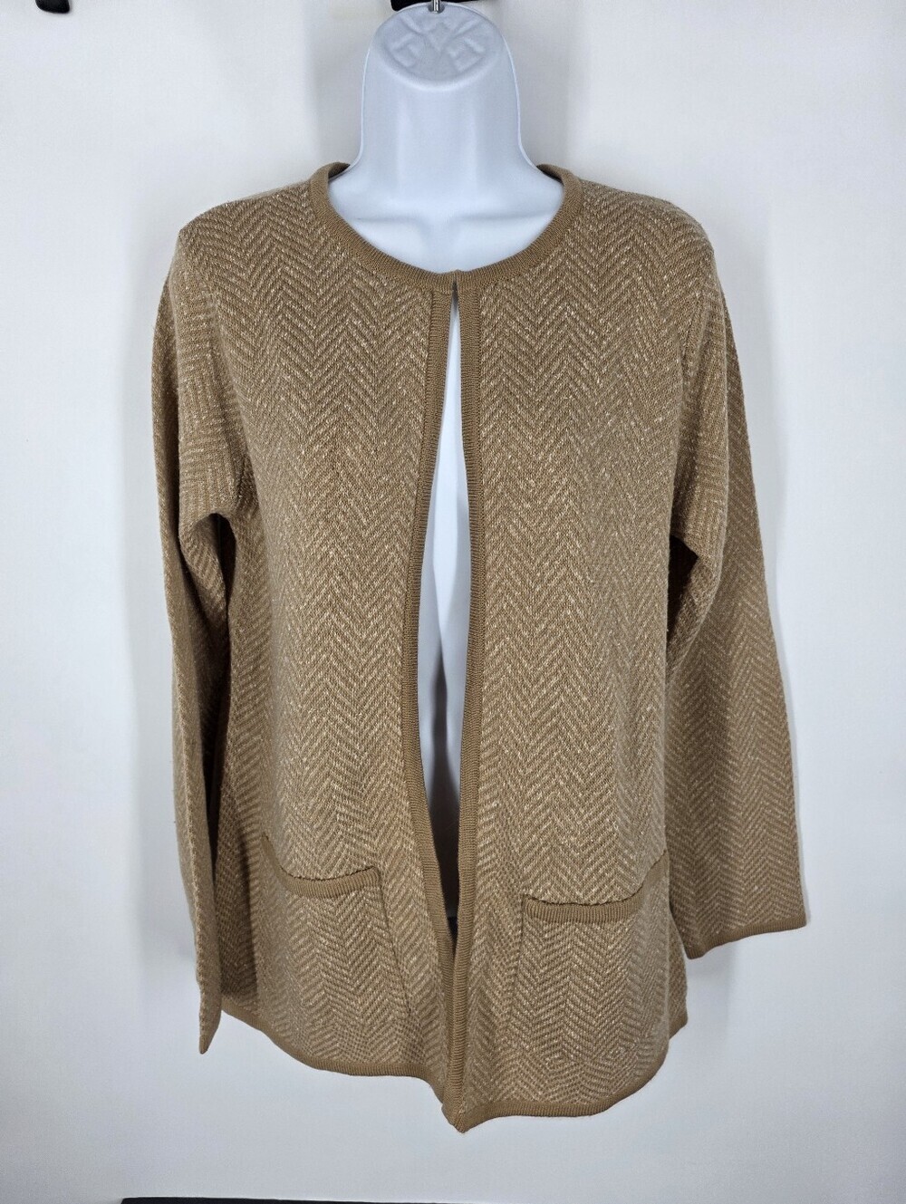 Kasper Vintage Chevron Herringbone Open Front Cardigan Sweater Camel Gold M